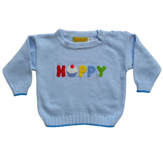 Boy's "Happy" Cupcake Sky Blue Crew Neck Sweater