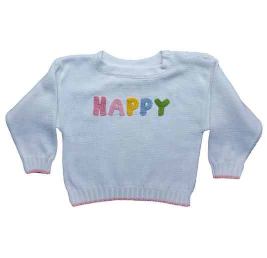 Girl's "Happy" White Crew Neck Sweater ONLINE ONLY