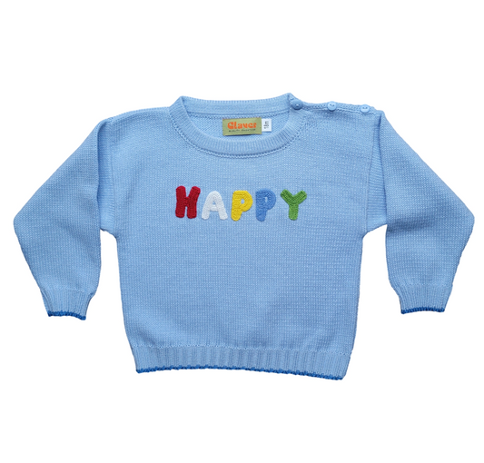 Boy's "Happy" Sky Blue Crew Neck Sweater ONLINE ONLY
