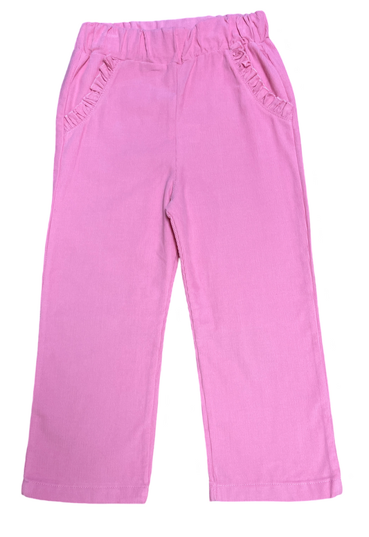 Girl's Corduroy Bubblegum Pink Straight Ruffle Pants with Ruffle Front Pockets