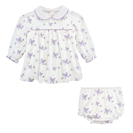 Long Sleeve Printed Dress Set, Bows