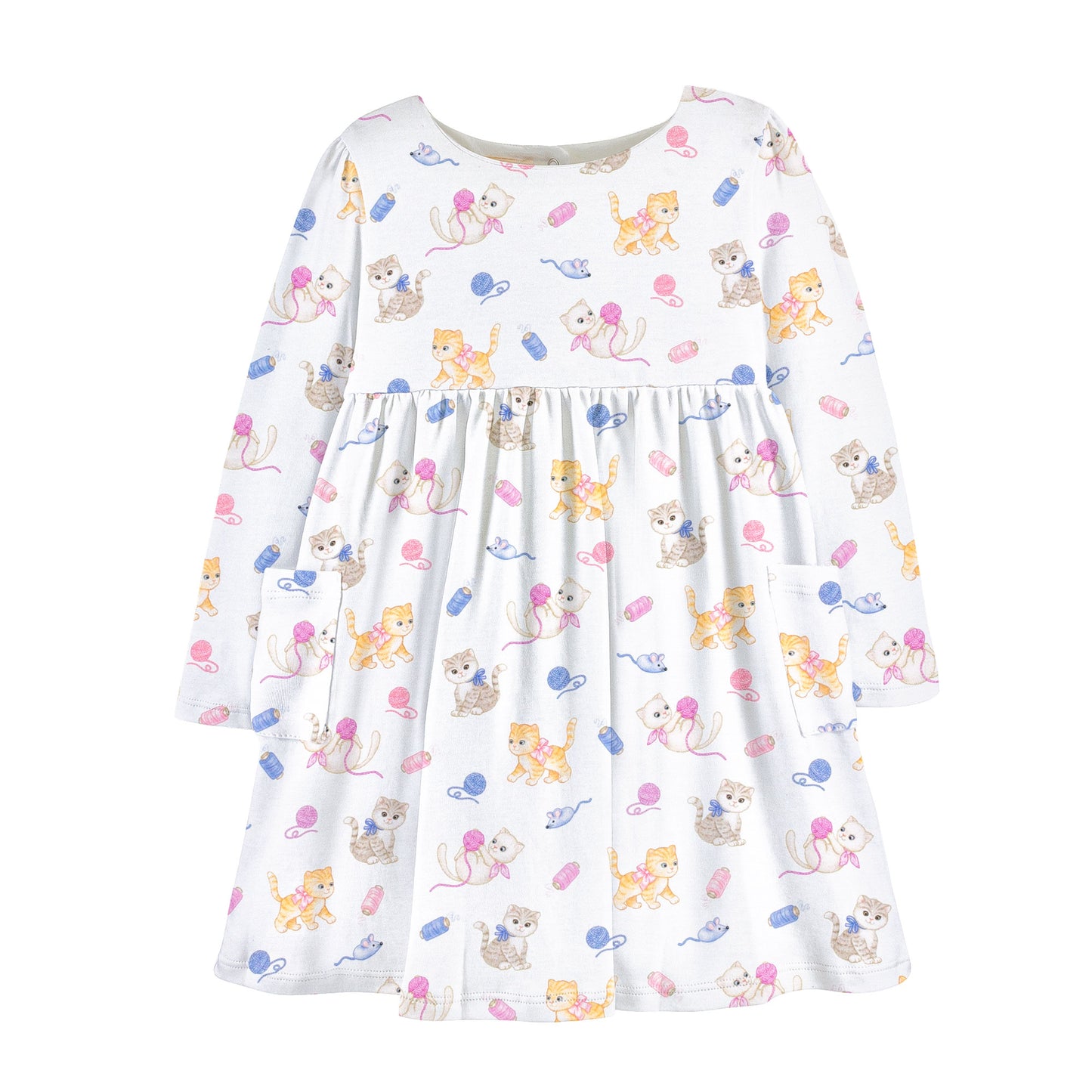 Long Sleeve Printed Dress With Pockets, Kitty Playtime
