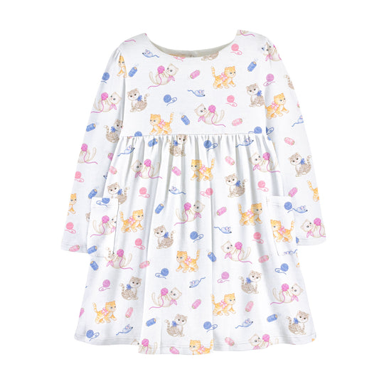 Long Sleeve Printed Dress With Pockets, Kitty Playtime
