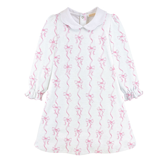 Long Sleeve Scalloped Printed Dress, Coquette Bows