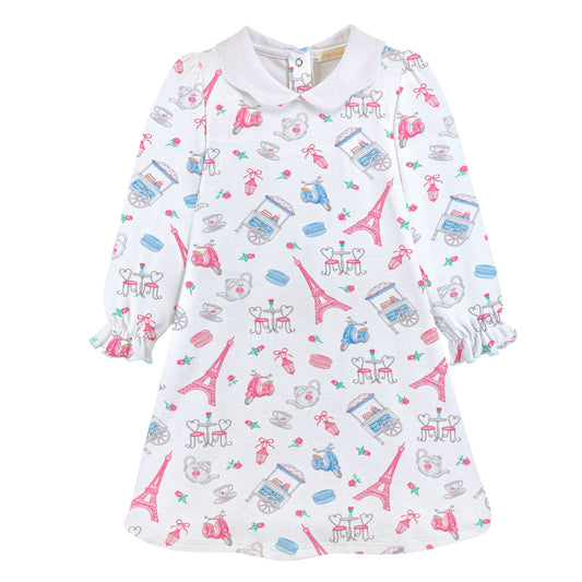 Long Sleeve Scalloped Printed Dress, Charming Tea