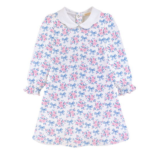 Long Sleeve Scalloped Printed Dress, Blue Floral Bows