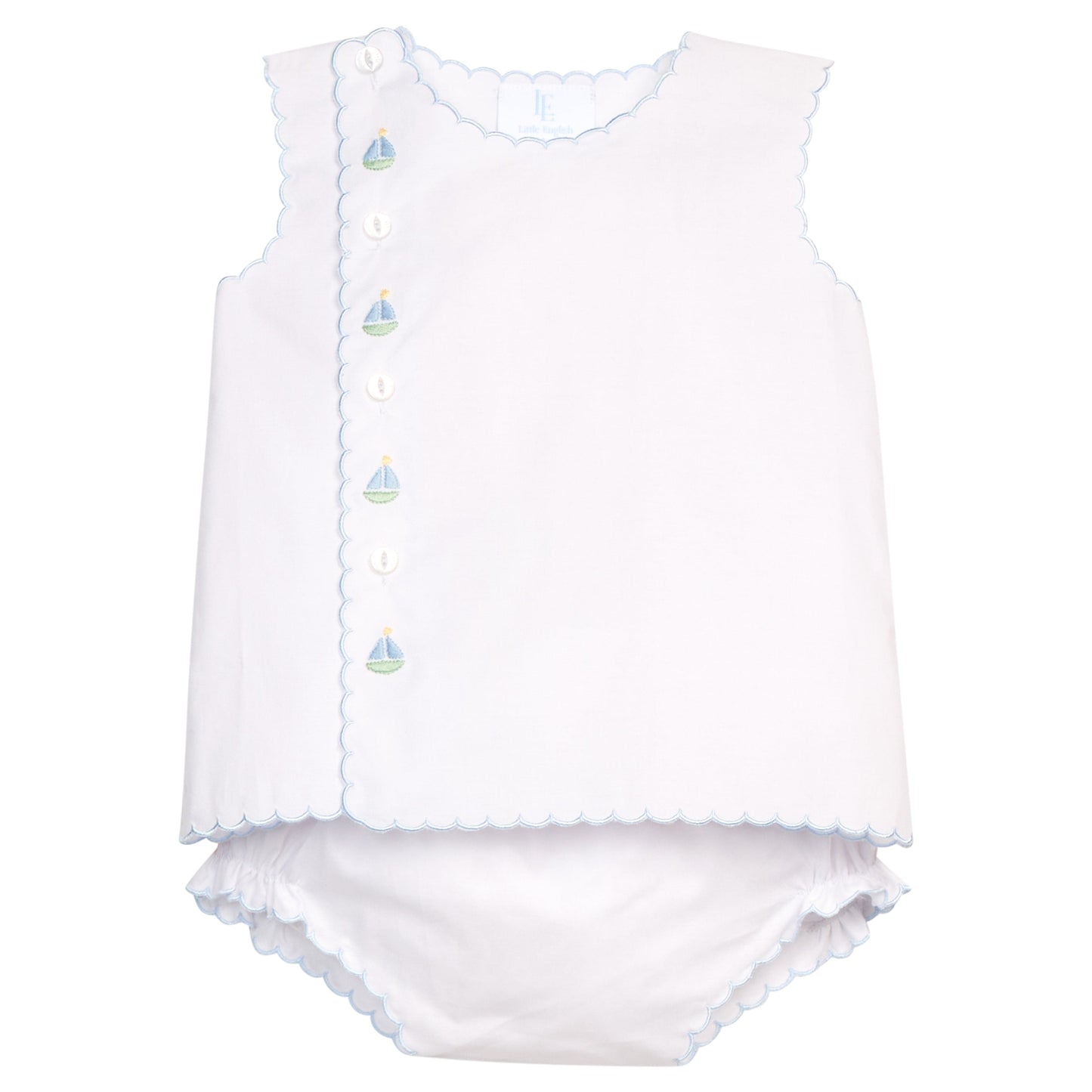 Little English Classic davis day set with embroidered sailboats and buttons running down front right side, for baby