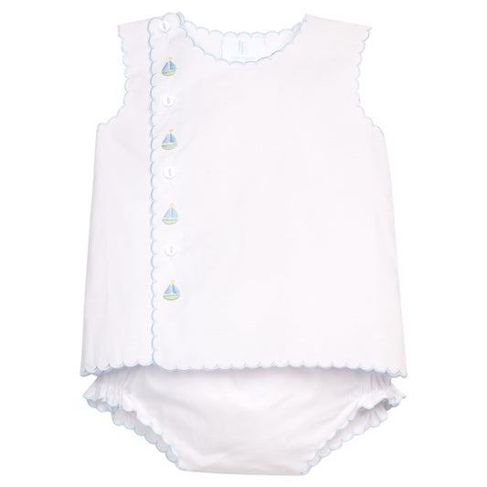 Little English Classic davis day set with embroidered sailboats and buttons running down front right side, for baby