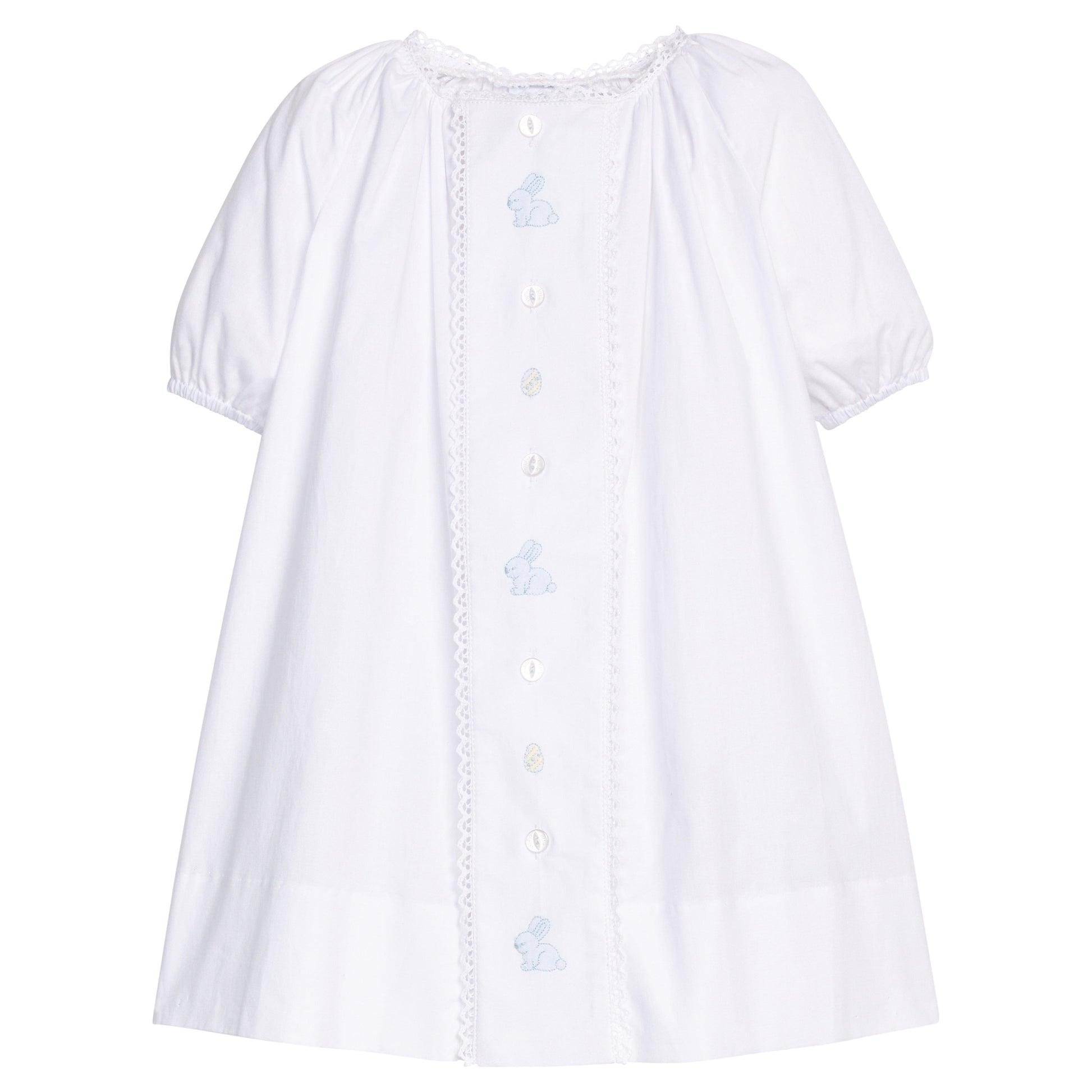 Little English traditional children's clothing. White newborn day gown with lace trim and blue bunny embroidery for baby boys