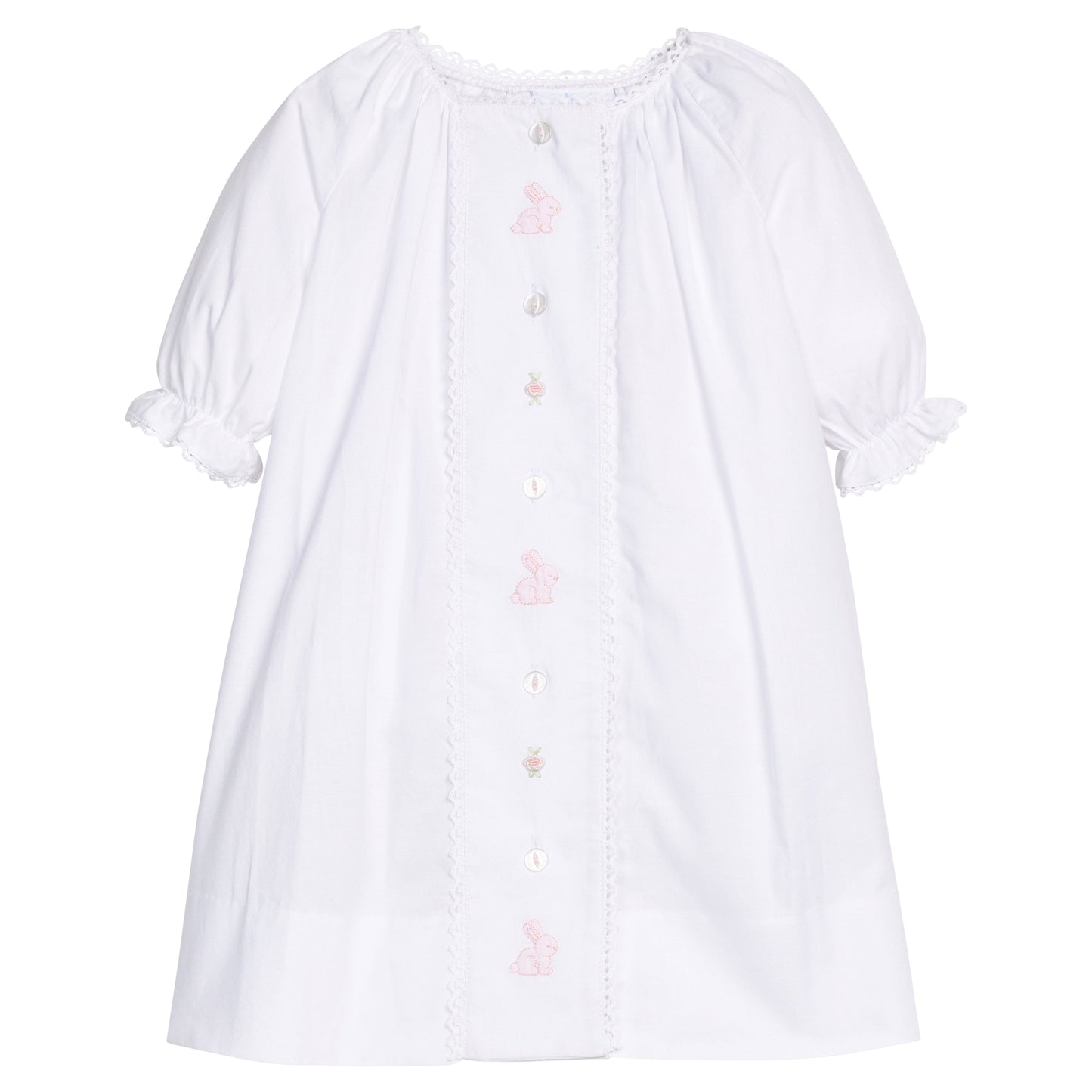 Little English traditional children's clothing. White newborn day gown with lace trim and pink bunny embroidery for baby girls