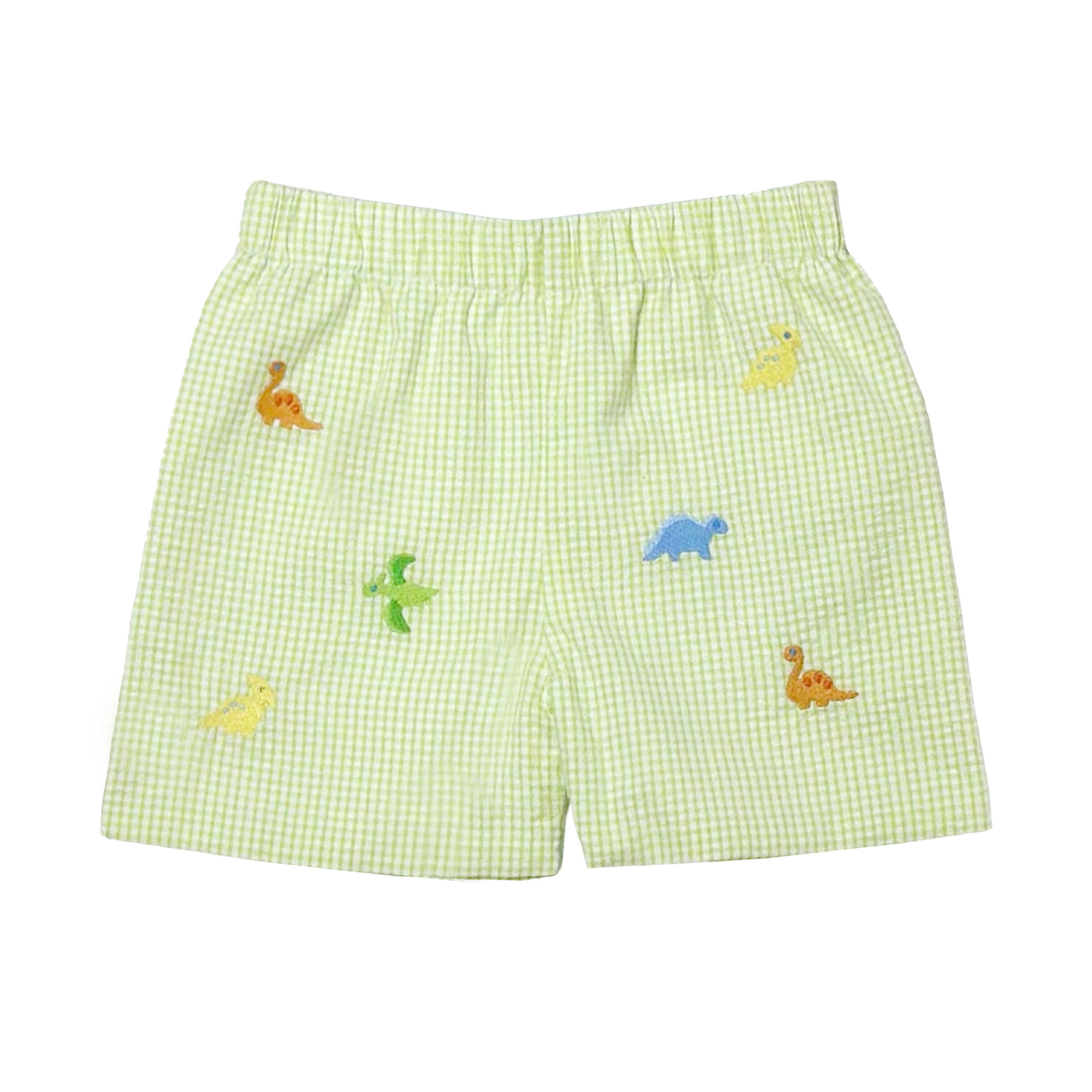 Dino Embroidered Lime Green Mini Check Seersucker Leo Shorts