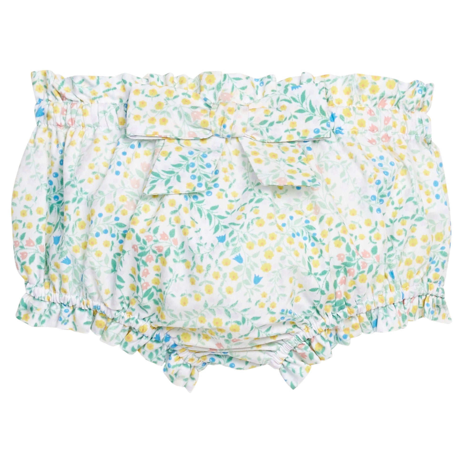 Little English traditional children's clothing. Ruffled diaper cover with fixed bow for baby girls.  Aqua, green, and yellow floral diaper cover.