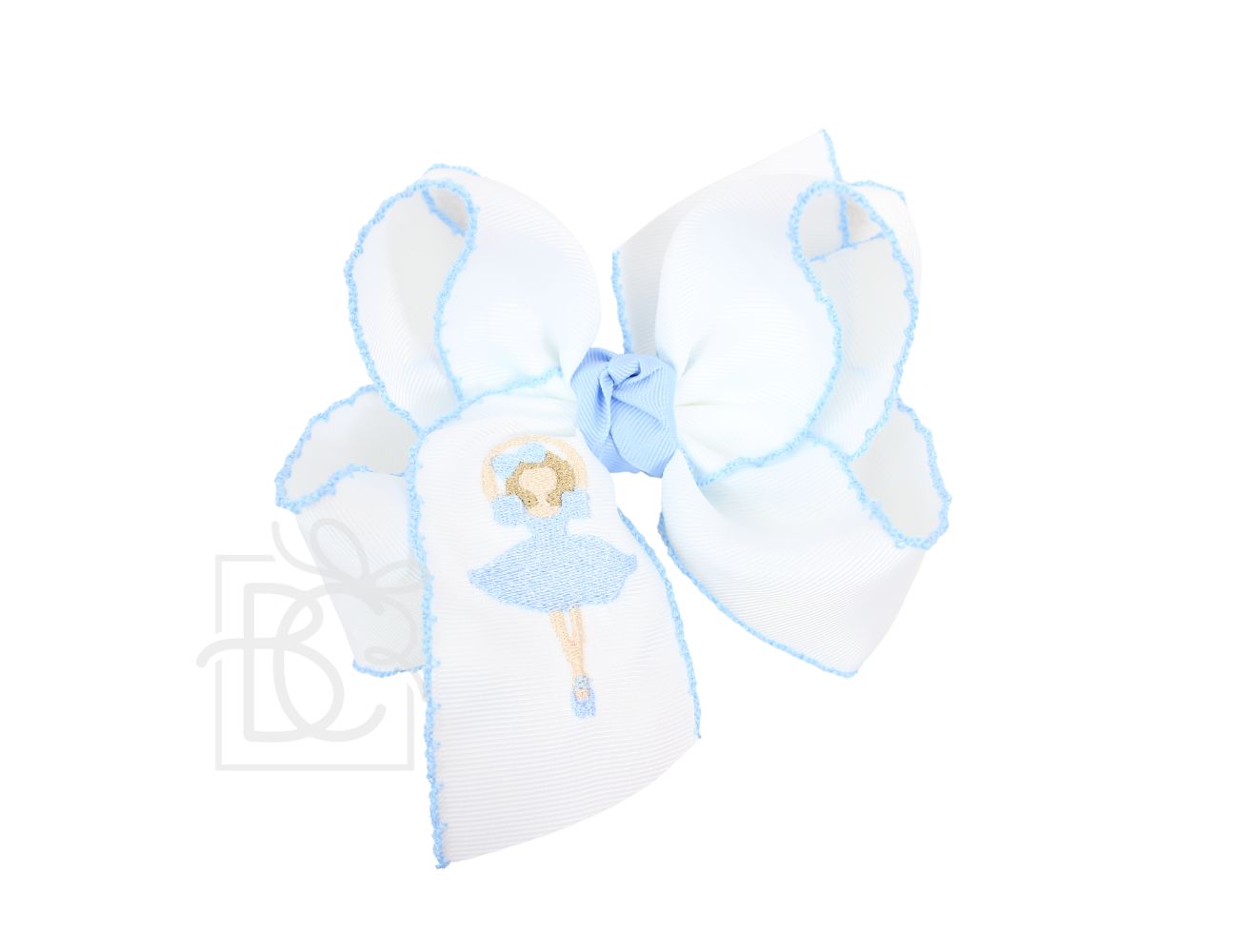 White with Blue Huge Nutcracker Ballerina Embroidered Hair Bow