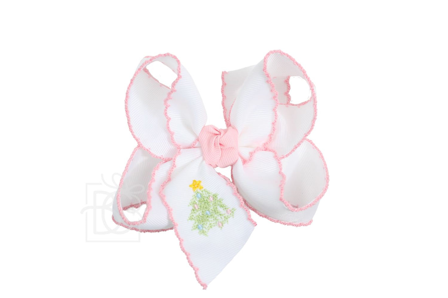 White with Pink Trim Large Pastel Tree Embroidered Hair Bow