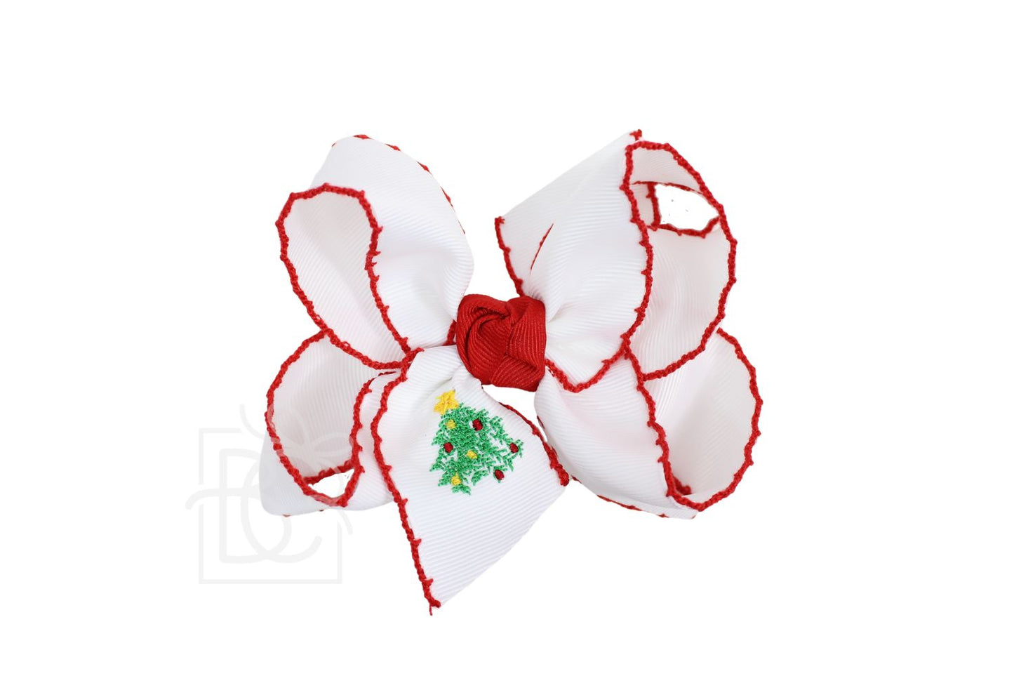 White with Red Trim Large Christmas Tree Embroidered Hair Bow