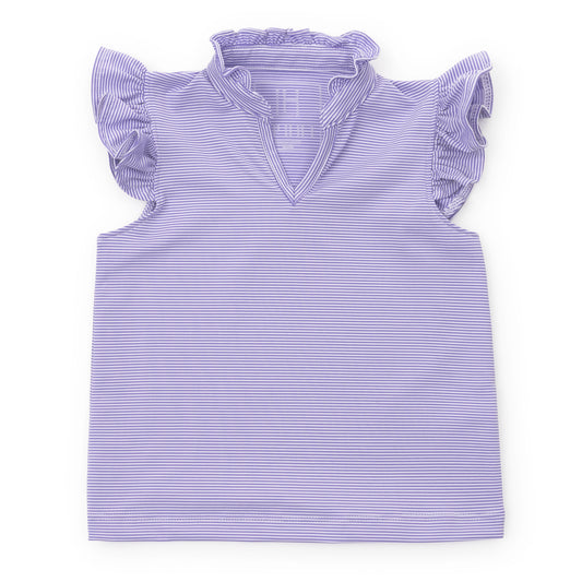 Ellie Sleeveless Ruffled Performance Top, Purple Stripes