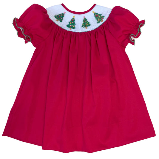 Girl's Red Smocked Christmas Trees Bishop Dress