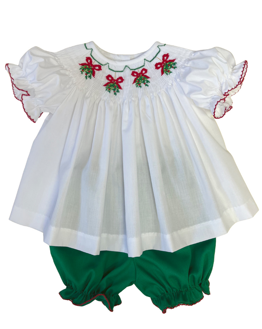 Girl's Mistletoe Bishop Smocked Bloomer Set