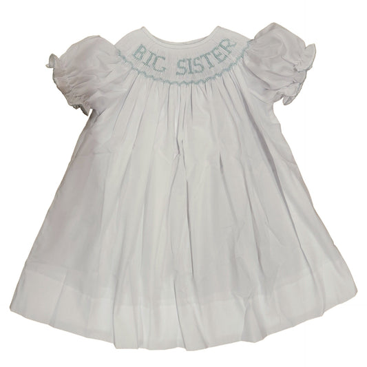 Girl's White Bishop Smocked Dress, Blue Big Sister