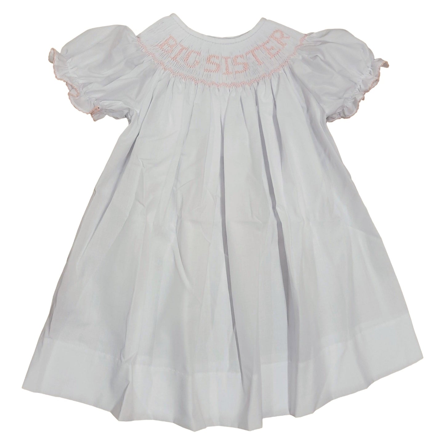 Girl's White Bishop Smocked Dress, Pink Big Sister