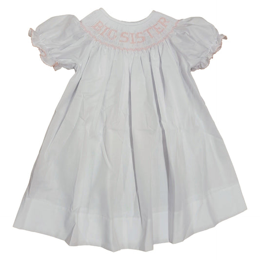 Girl's White Bishop Smocked Dress, Pink Big Sister