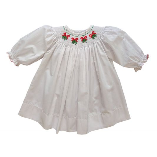 Girl's Mistletoe Bishop Smocked White Long Sleeve Dress