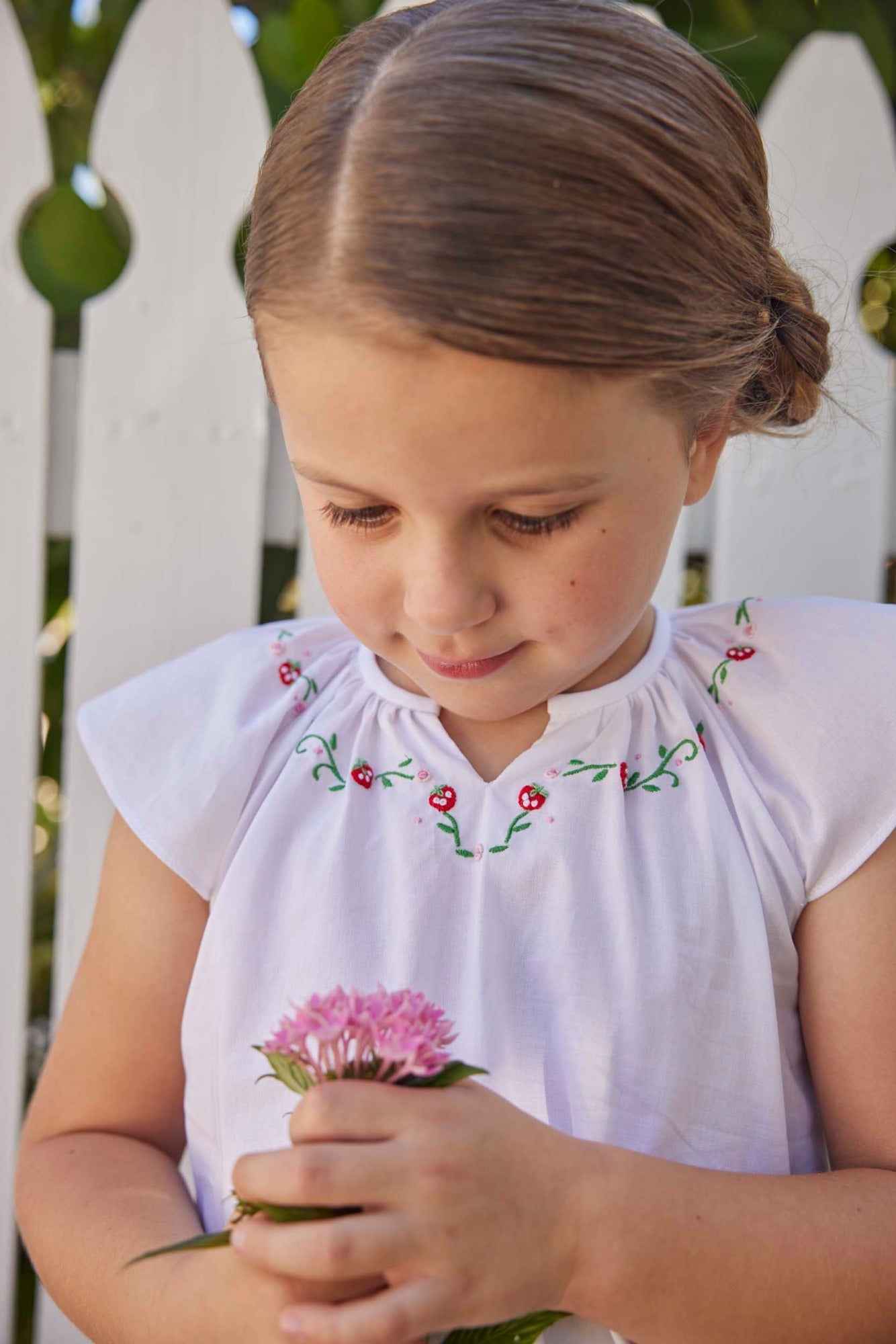 classic childrens clothing girls embroidered blouse with angel sleeves and strawberry embroidery