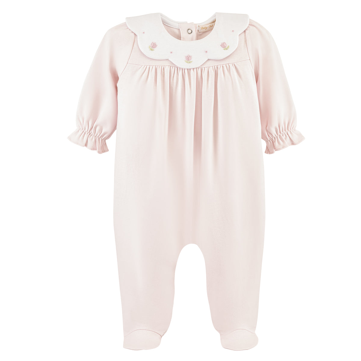 Pink baby romper with a white collar on a white background