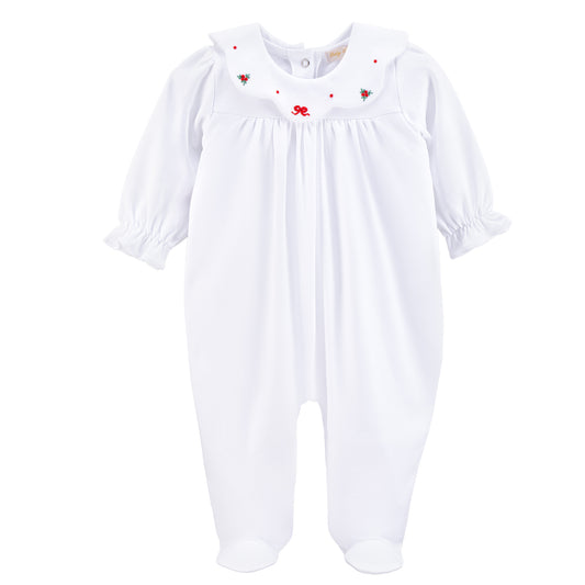 White baby romper with red floral embroidery on a white background