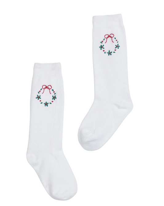 Wreath Knee High White Socks