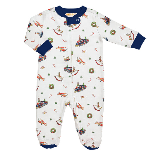 Christmas Toys Navy Trim Zipped Footie