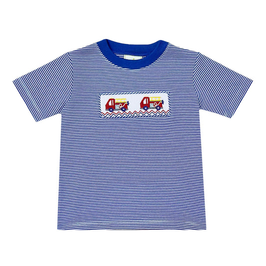 Fire Truck Smocked Harry's Play Tee, Royal Blue Stripe Knit