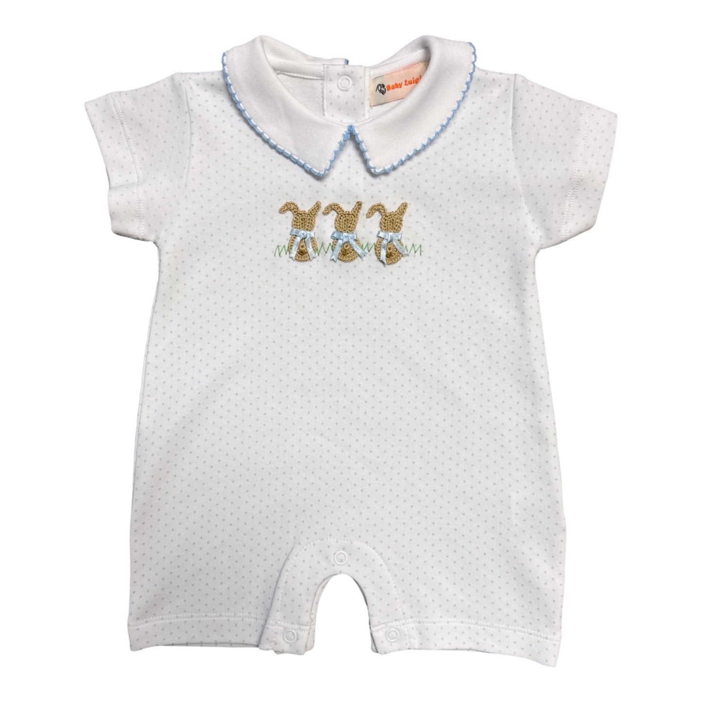 Boy's Crochet Bunnies Blue Dot Romper