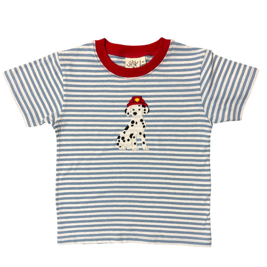 Boy Short Sleeve T-Shirt, Blue Stripe with Dalmation Applique