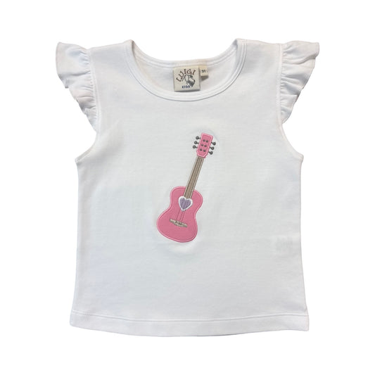 Girl Short Sleeve T-Shirt with Flutter, White with Pink Guitar