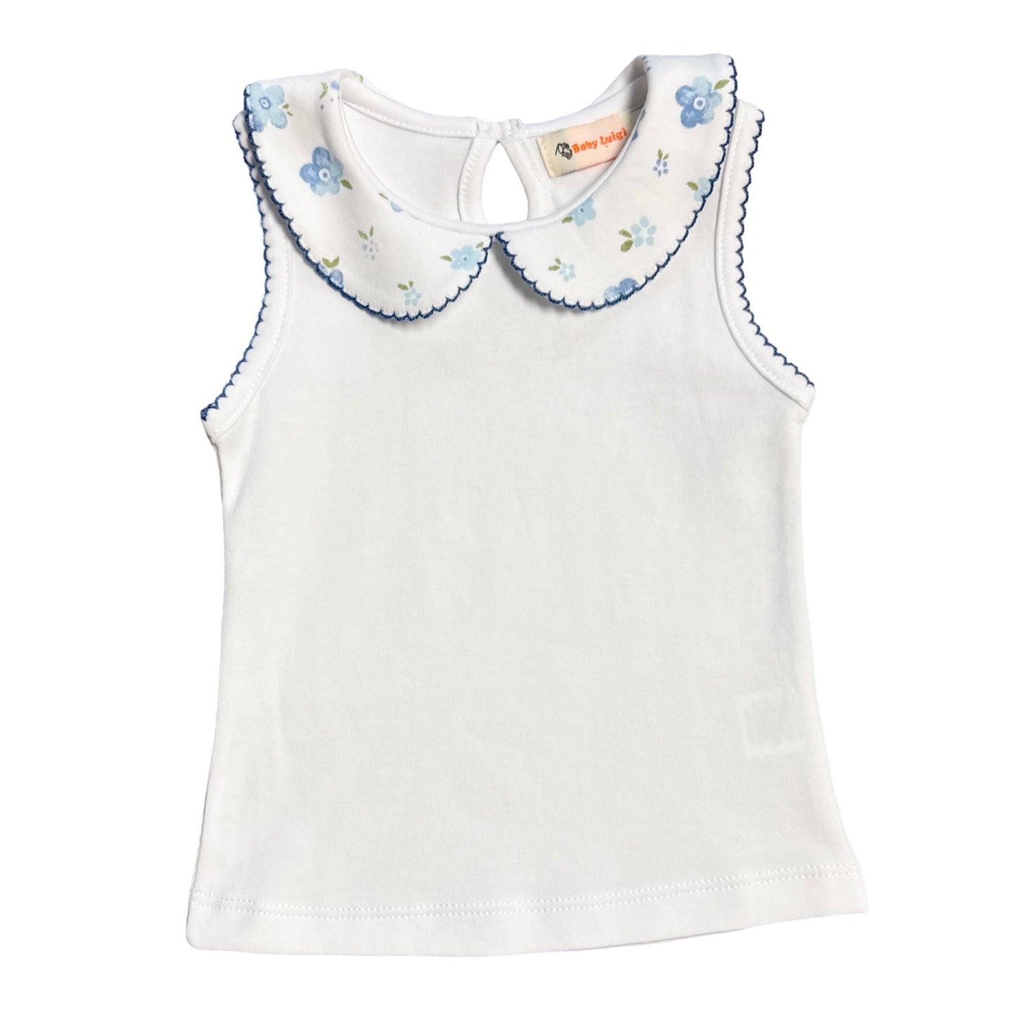 Sleeveless Collared Top, White with Blue Flower Print