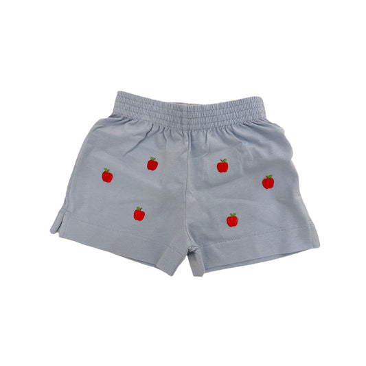 Boy's Cotton Play Shorts, Sky Blue with Embroidered Apples