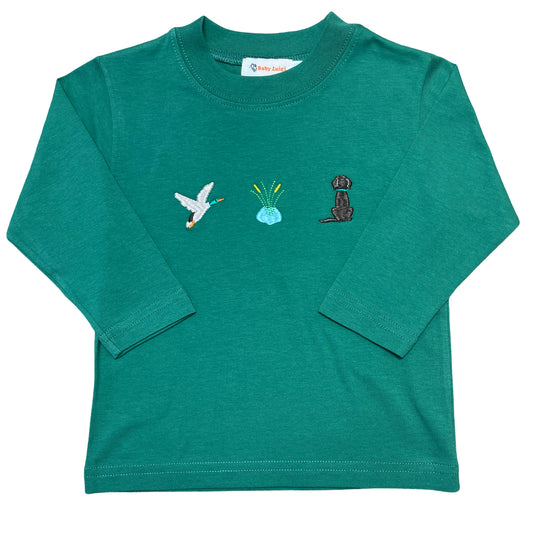 Boy's Long Sleeve Green T-Shirt with Duck Hunting Embroidery