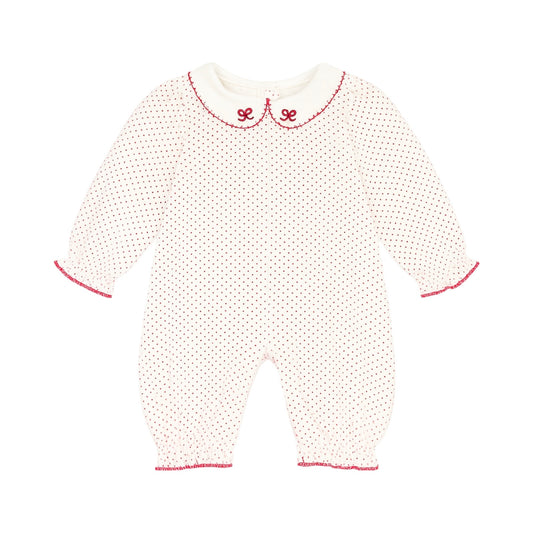 Long Sleeve Polka Dot Romper, Holiday Bow Collar
