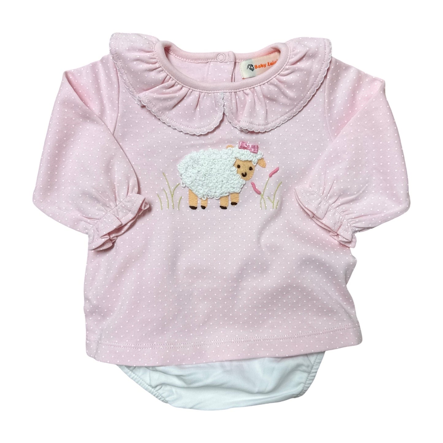 Girl's L/S Collared Pink with White Dots Diaper Set with Embroidered Sheep