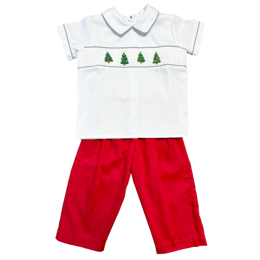 Boy's Smocked Christmas Tree Red Pant Set