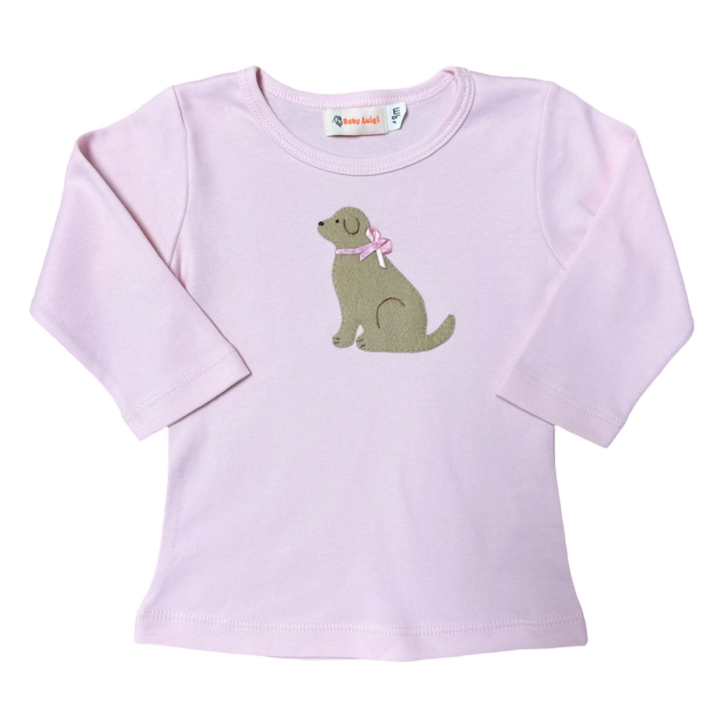 Girl's Long Sleeve Sitting Dog with Bow Pink T-Shirt