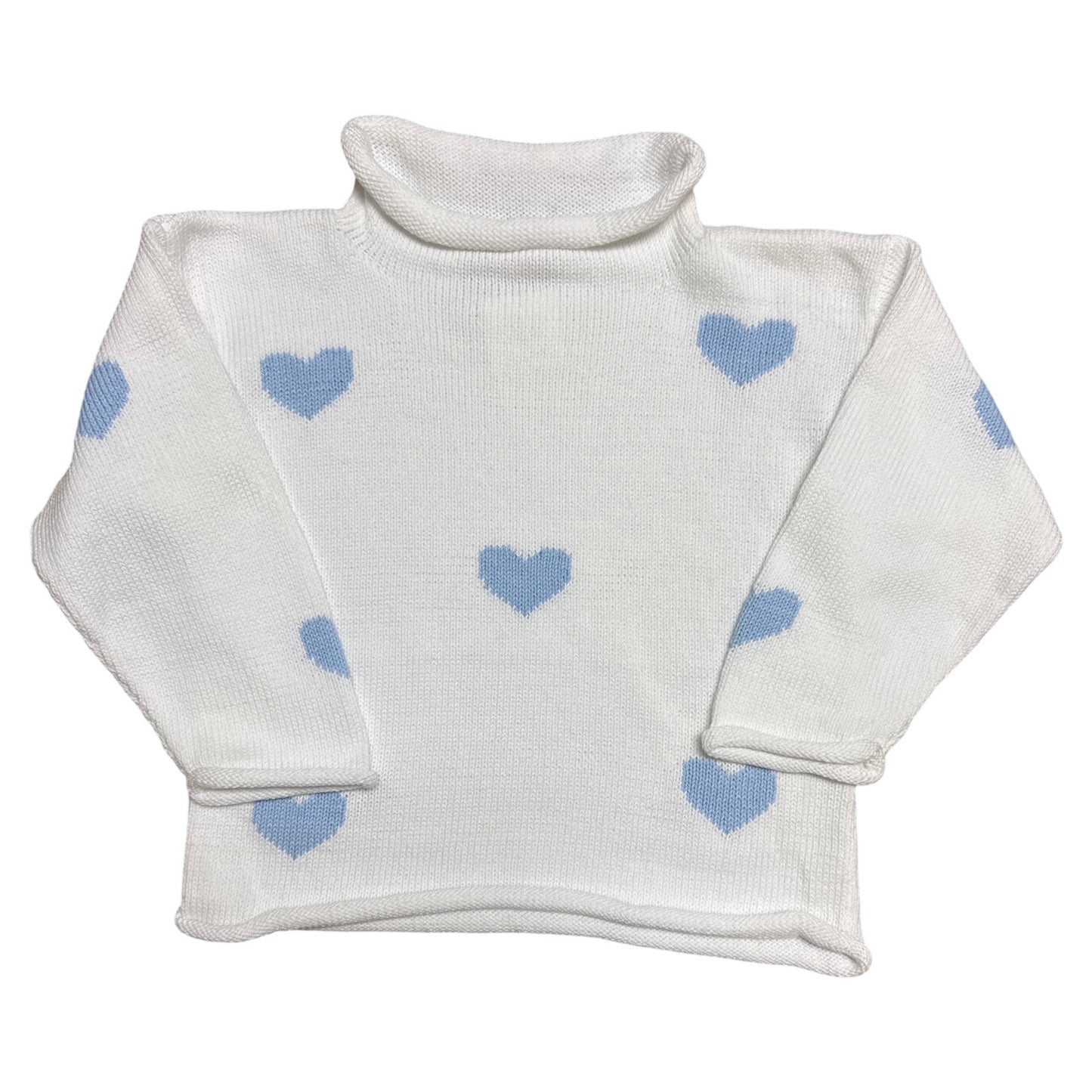 Rollneck White Sweater with Sky Blue Hearts All Over