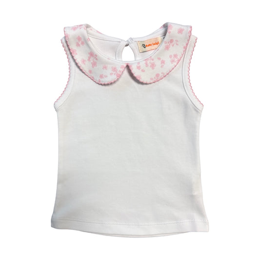 Sleeveless Collared Top, White with Pink Flower Print