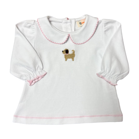 Girl's Long Sleeve Collared Shirt with Crochet Puppy