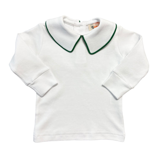 Boy's Long Sleeve Basic Knit Top, White with Green Piping