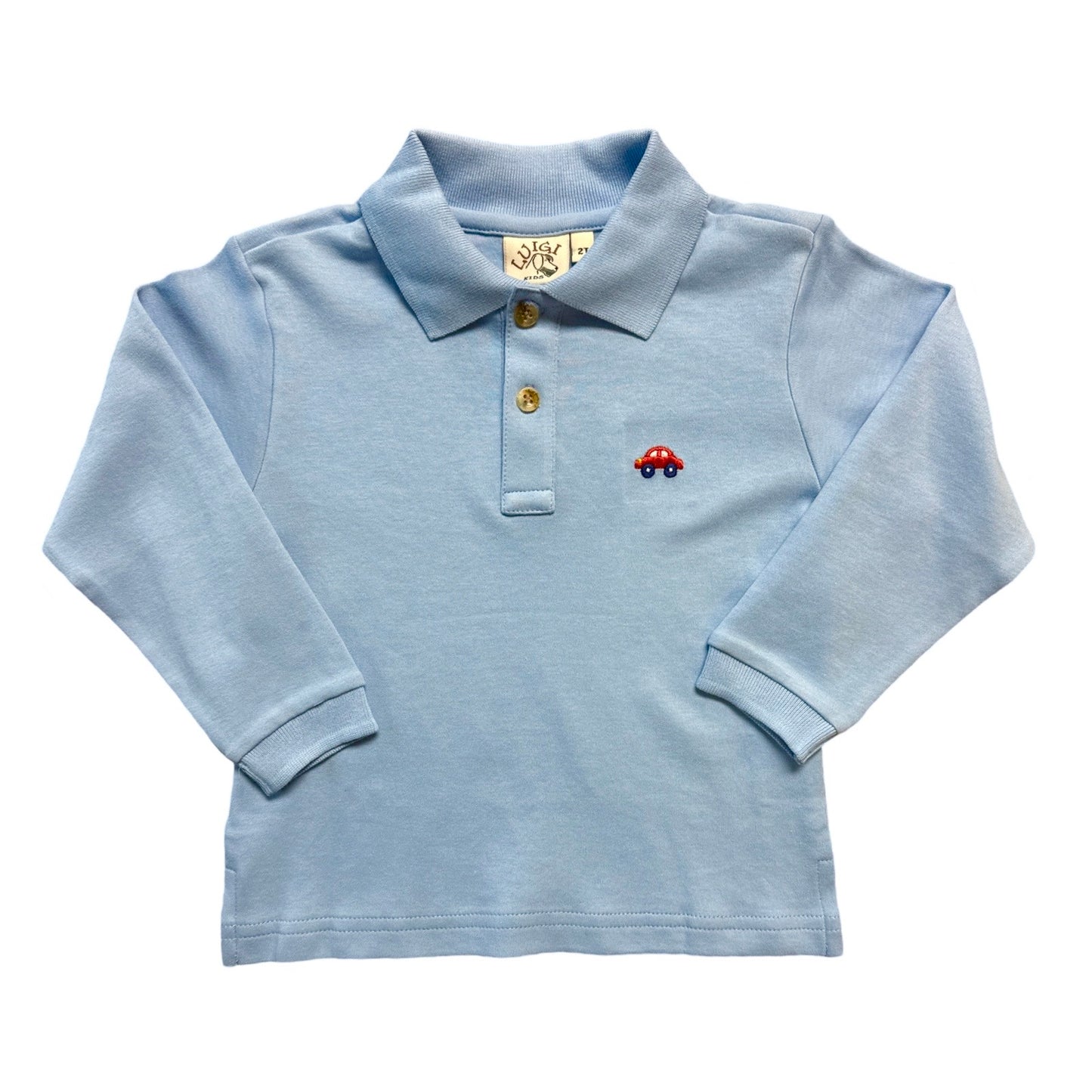 Long Sleeve Polo Shirt, Sky Blue with Embroidered Red Car