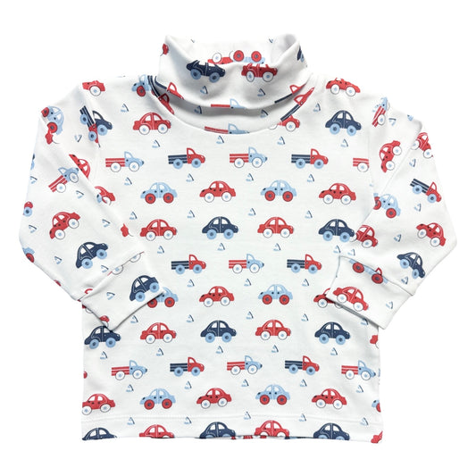 Boy's Cars & Trucks Print Turtleneck, Red & Blue