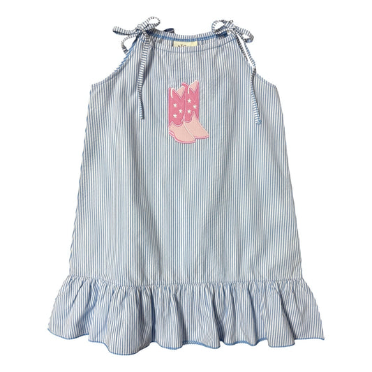 Blue Seersucker Sundress with Cowgirl Boots