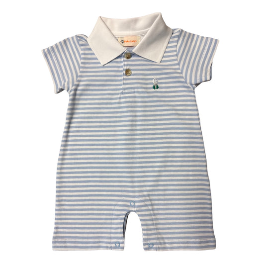 Boy's Short Sleeve Golf Embroidery Blue Stripe Polo Romper